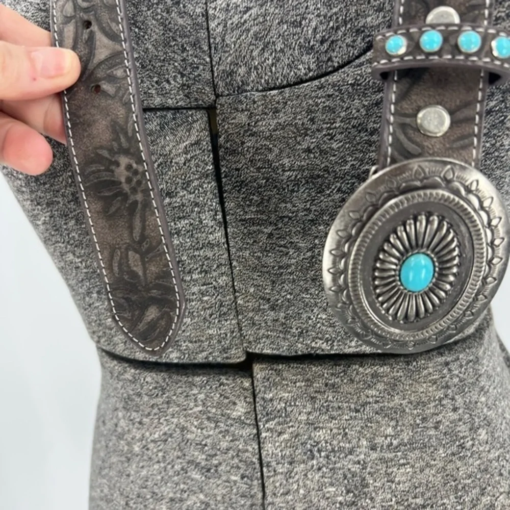 Angel Ranch Brown leather Distressed embossed Floral Turquoise Studs Belt